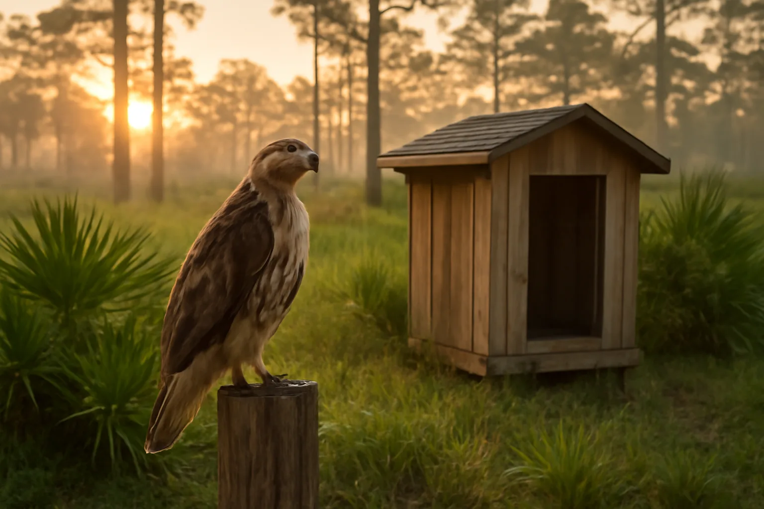 Red-tailed hawk on a perch beside a Florida falconry mews at sunrise