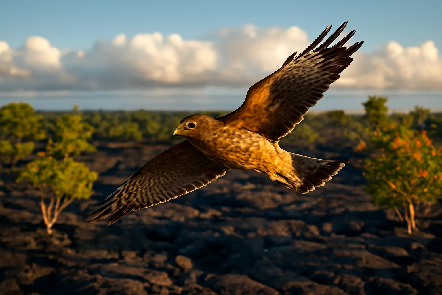 Wild Hawaiian hawk flying over lava fields in Hawaii