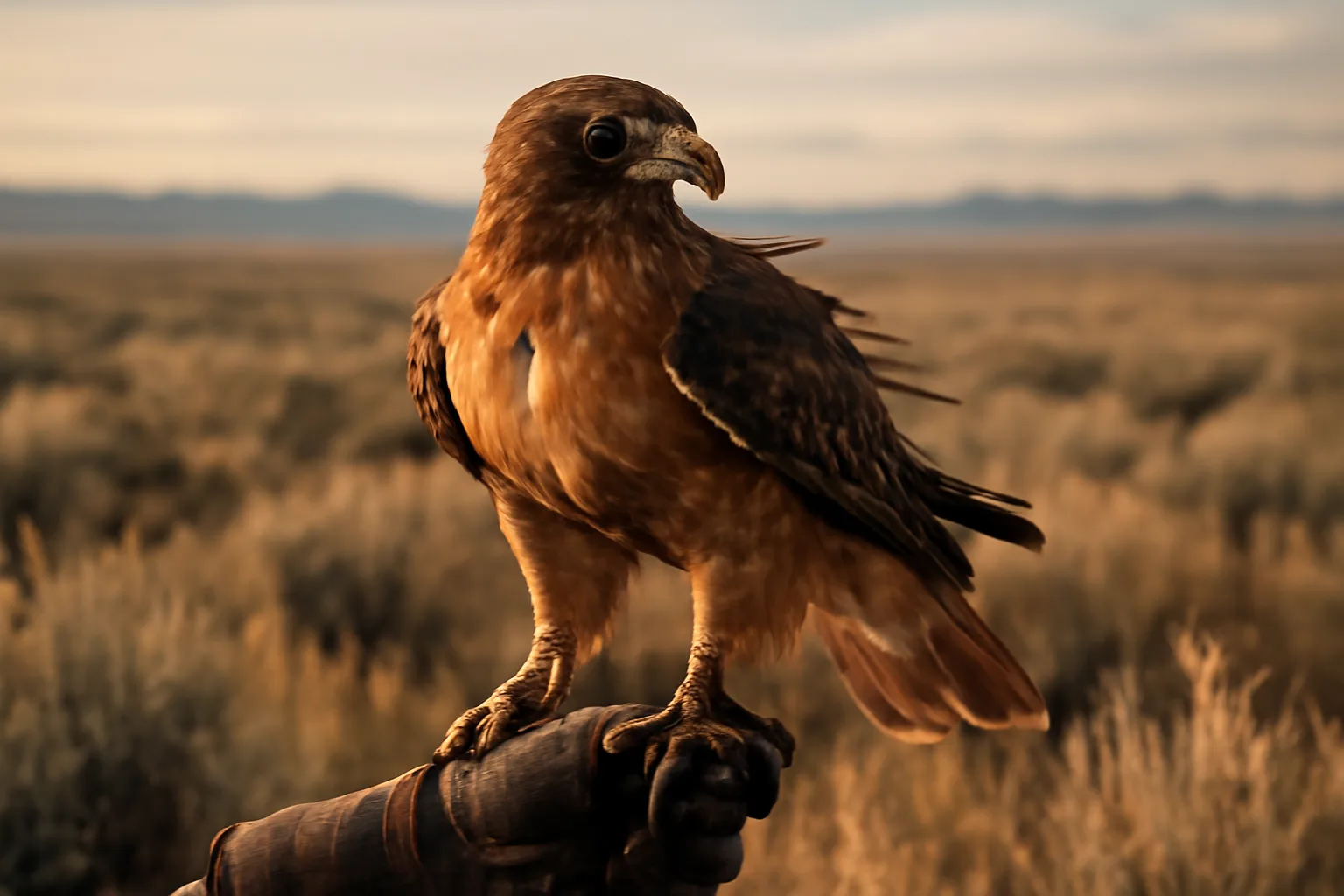 Red-tailed hawk on a glove in Idaho sagebrush at sunset